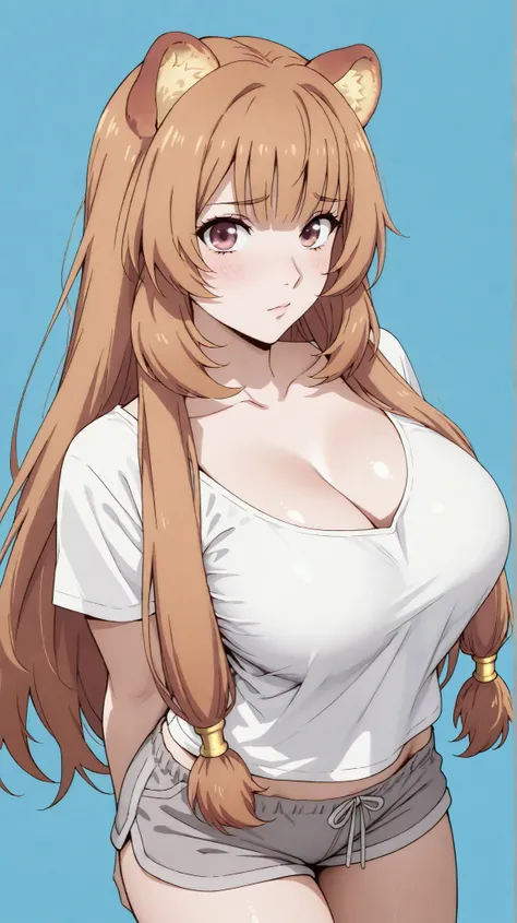 masterpiece, extremely detailed,perfect skin texture,4k,solo,1girl ,((fullbody)),raphtalia, girlish face,kawaii,sexy legs,perfect body,large breasts,cleavage,bangs,brown eyes,white t-shirt,grey shorts,housewife, high detailed, best quality, upper body, blu...