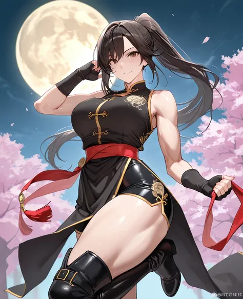 A stunning, highly detailed martial artist with a sexy yet powerful appearance, designed as a masterpiece in 4K. She has long, flowing black hair tied into a high, sleek ponytail, with loose strands framing her detailed face, featuring sharp, expressive da...