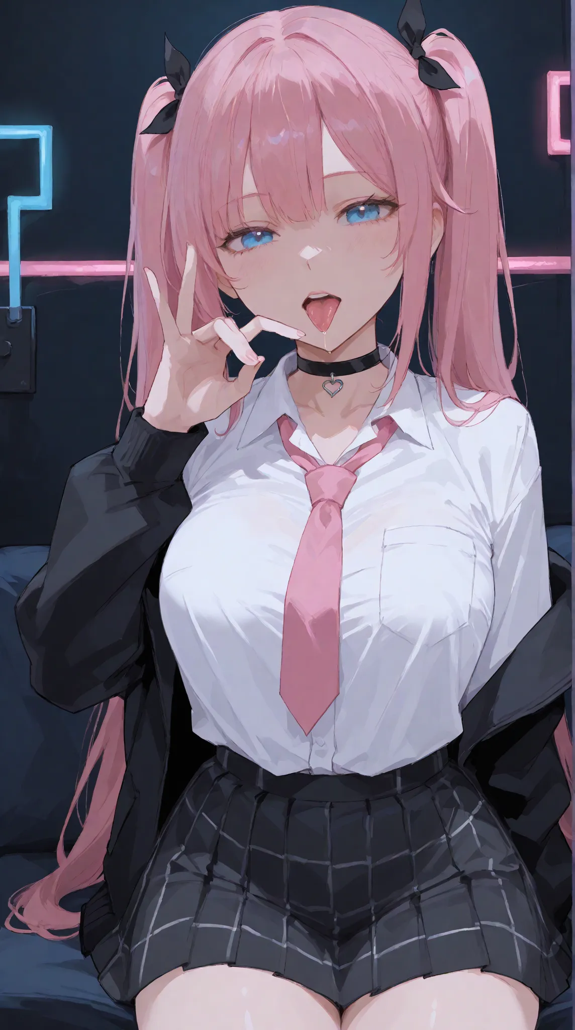 ( masterpiece ,  Top Quality ,   exquisite,8k,  absurd),( 748cm style ), peace sign,( High Angle), long hair, pink , twin tails, blue eyes, cute, angry face, kind, unbalanced white cutter shirt, pink tie ,  black choker,  wear a black jacket ,black plaid m...