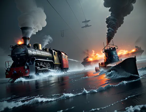 The battle between a steam locomotive and a submarine, in the middle of the dark background there is a very large red object, 3 d Fluid simulation render,  chaotic swirling ferrofluids,  tournament awarded to  in houdini, houdini Fluid simulation, Epic 3D ...