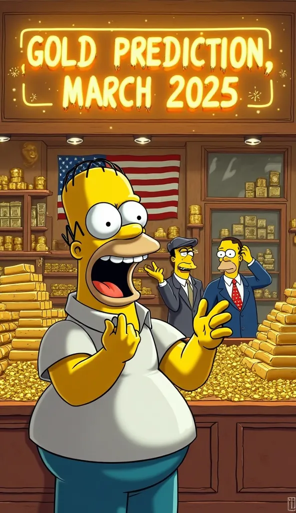 Inside a flashy and over-the-top gold store, a chubby, bald, and yellow-skinned cartoon man resembling Homer Simpson stands in awe, his eyes wide with greed and his mouth stretched into a huge, goofy grin. He looks absolutely delighted, practically vibrati...