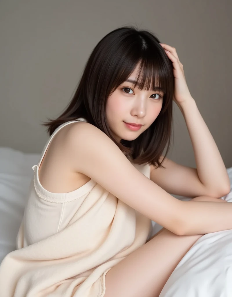 A young and beautiful Japanese woman is lying on her back in bed in winter pajamas. She is smiling sweetly. Ultra high resolution, super quality photo.