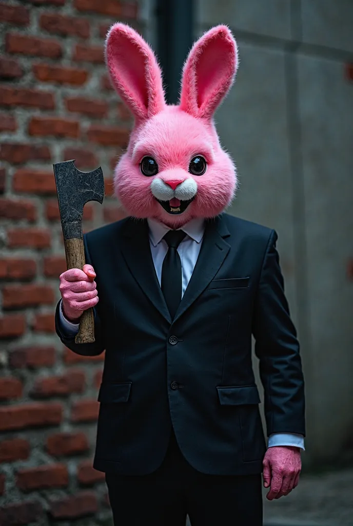 Create a book cover for me of a man with the head of a cute pink rabbit dressed in a black suit and an axe in his hand. image in front of a brick wall. Image at night. High resolution, Super detail, High details, 