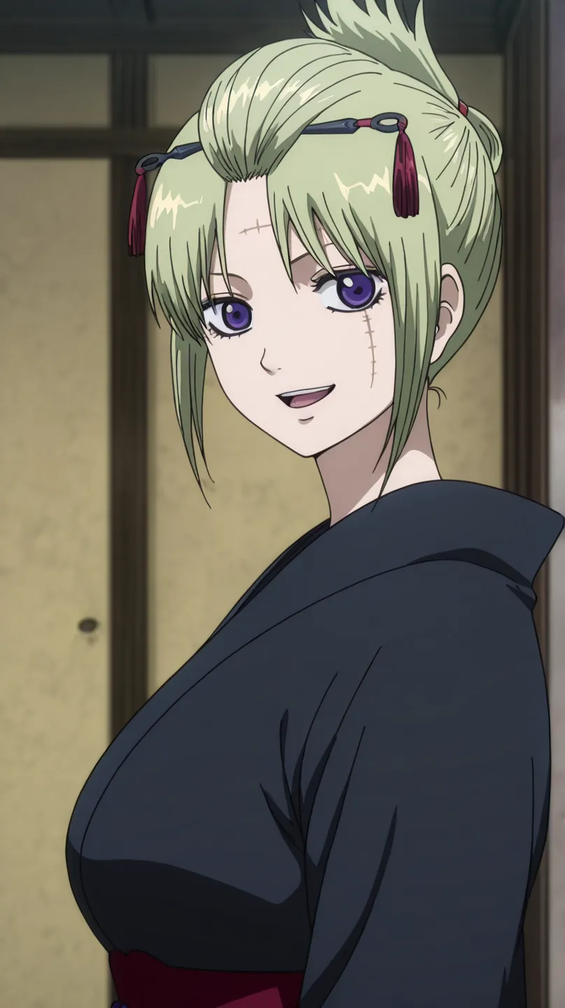 tsukuyo, gintama
High quality ,  best quality , masterpiece,  High Resolution , detailed face( LoRA: tsukuyo),anatomically correct, detailed hair Style( LoRA: tsukuyo),anime Coloring
solo, 1 girl,
blonde hair, folded ponytail, scar on face, purple eye,brea...