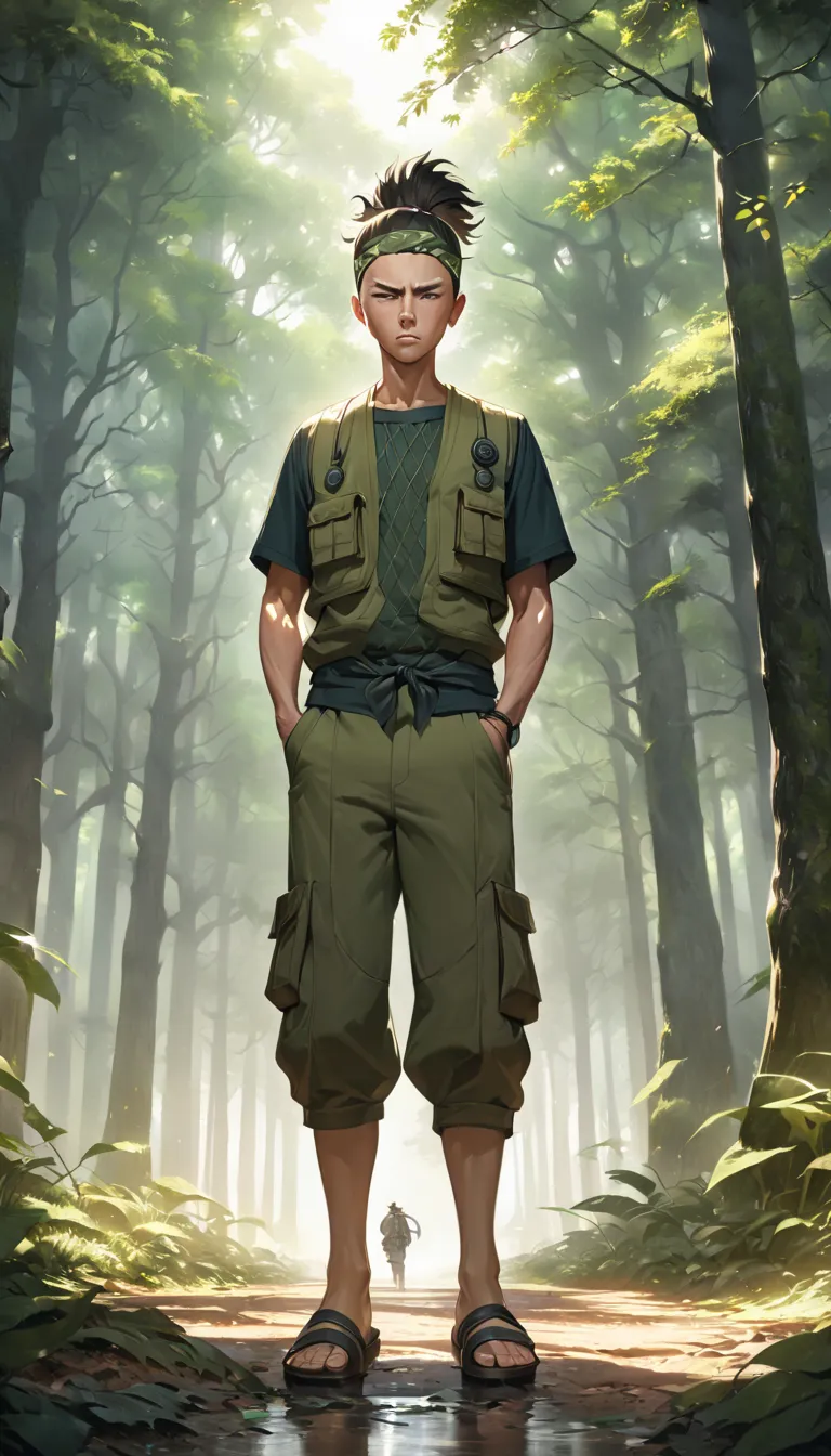 Ultra HD 8K, highly detailed full-body anime-style artwork of Shikamaru Nara from Naruto. He stands in a serene but tactical stance in the Hidden Leaf Village forest. His spiky ponytail, calm yet intelligent gaze, and slightly bored but sharp expression ca...