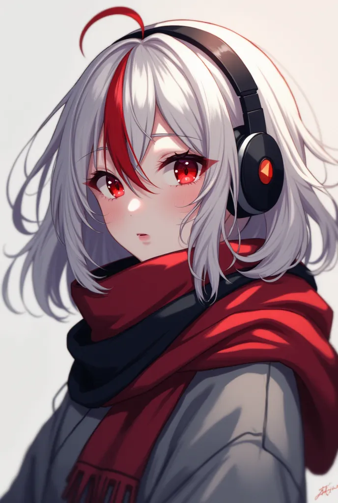 anime girl white hair with red single fringe in a hoodie with headphones, red and black scarf, red sharp eyes