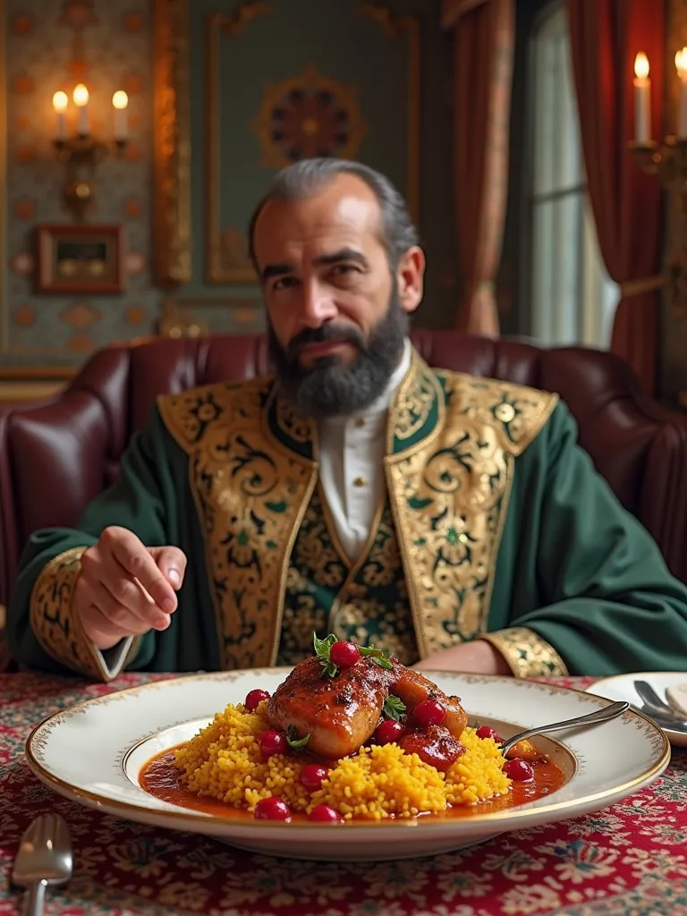 "Imagine Nasser al-Din Shah Qajar sitting in a luxurious traditional Iranian restaurant, elegantly decorated with Persian carpets and intricate woodwork. He is enjoying a plate of Zereshk Polo ba Morgh, with fragrant yellow saffron rice and succulent chick...