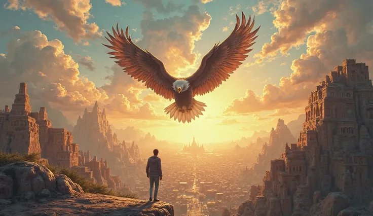 "A majestic eagle soaring high above a vast, ancient city, symbolizing spiritual freedom and clarity. Below, a person is seen walking along a narrow path, unaware of the grandeur of the eagle above. This illustration represents the idea that each person ha...