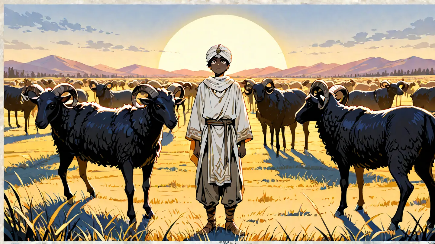 boy,morocco,Highly detailed,look up at the sky,high quality,comics,wide angle,fantasy,wearing a white cloth,,Short hair, dark skin, , Arabian,5 sheep grazing,wears a turban on his head