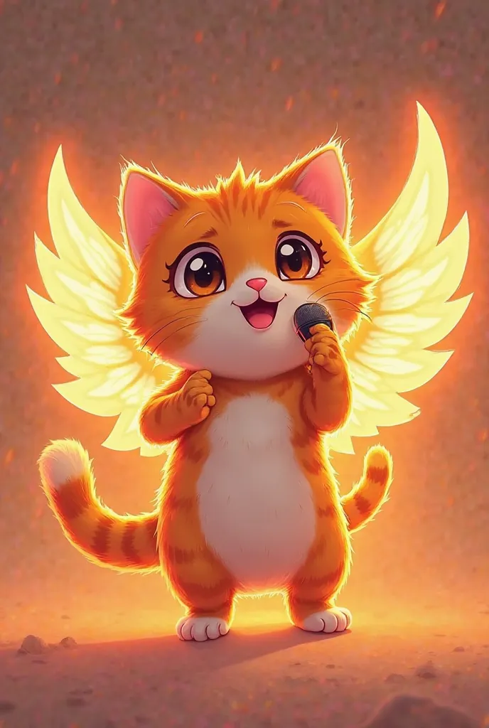 An eye- catching banner of a orange glowing wingged chibi art cat that holds a mic and dancing