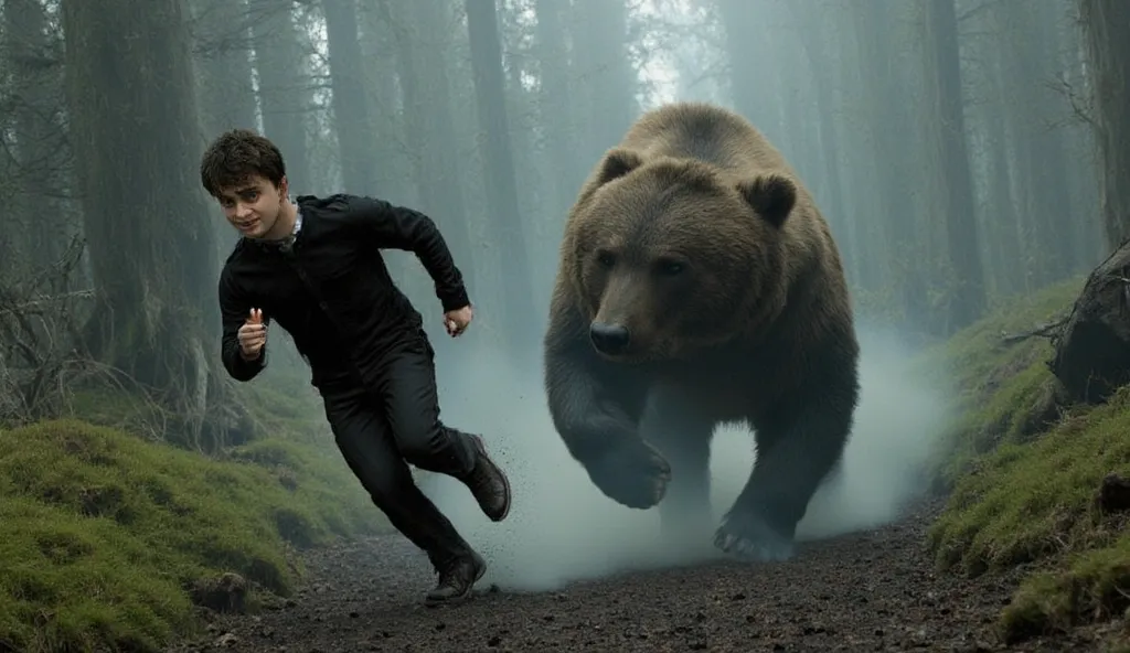 Harry Potter running away from a large, aggressive bear in a dense, mystical forest. He wears his Hogwarts uniform, his robe and tie flapping as he sprints. His face shows fear and determination. The bear is powerful and fast, charging behind him. The atmo...