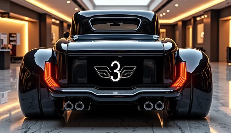 Back Create an ultra-detailed 3D render of a futuristic Luxury coupe designed for 1934, specifically the 1934 Ford 3 window coupe, showcasing a bold and aggressive back-end design. The truck features a massive blacked-out back with an illuminated "3 window...