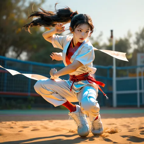 1 woman, Kung Fu Girl ，Strong martial arts， beautiful face，exquisite facial features，（Strong eyes 1.2），Long hair that flows softly， fair skin ，wear（Beautiful kung fu suit 1.3），Strong aura，leaves around，Flying with the wind ，Strong legs and feet，pose（Volley...