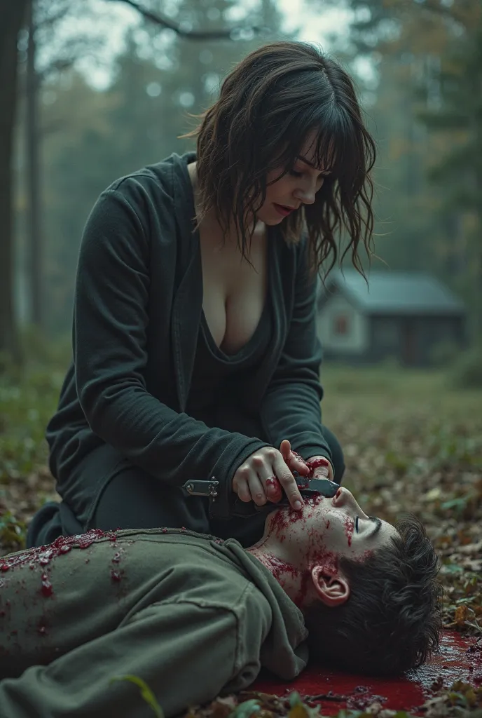 HD, Hight quality, realistic, very beautiful woman, boy hoodie, boy full face mask, boy Thief, woman cut throat boy, woman very big breast, blood spurted out of the boy neck profusely, woman kill boy, woman knife, house forest, boy dead, woman British hair...