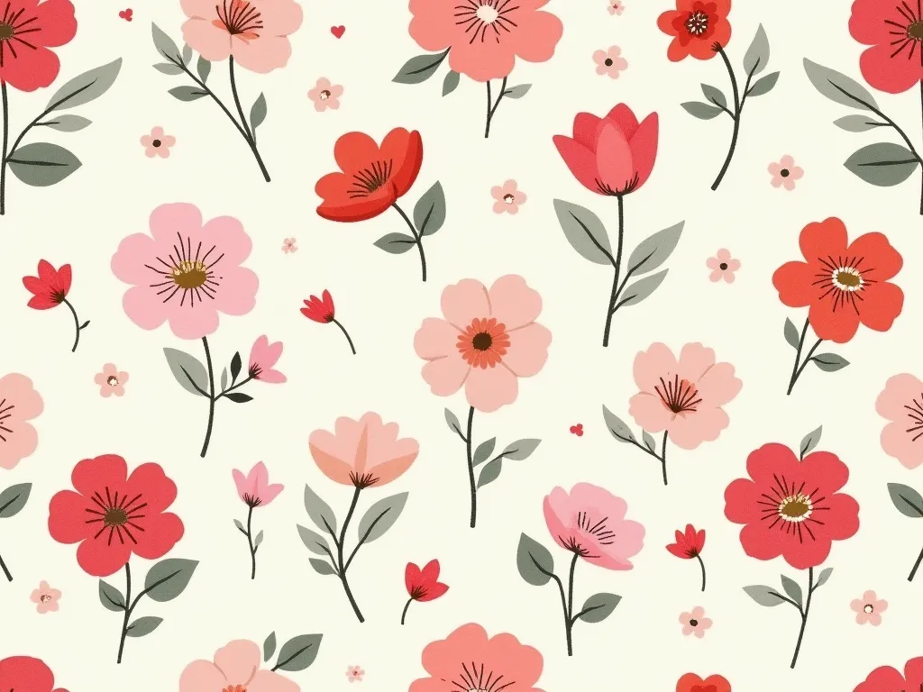 Design a seamless floral pattern for a scrapbook kit in the style of Cath son. Use a cheerful, vintage-inspired color palette featuring vibrant cherry red, soft blush pink, crisp white, gentle sage green, delicate rose pink, and subtle ivory backgrounds, w...