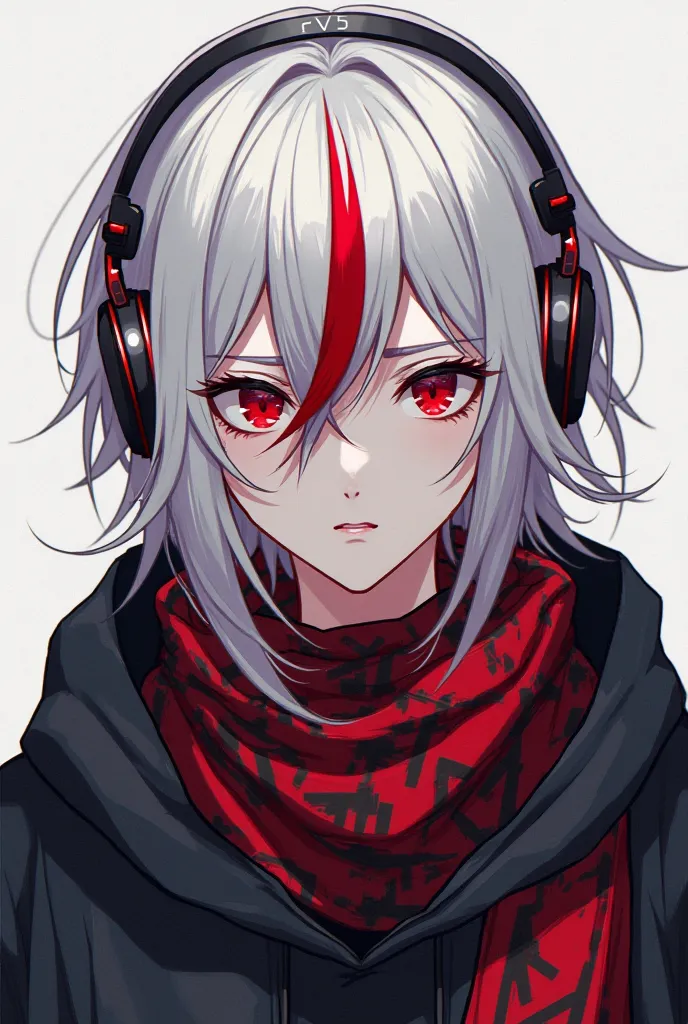 anime guy white straight long hair with red single fringe in a hoodie with headphones, red and black scarf, red sharp eyes