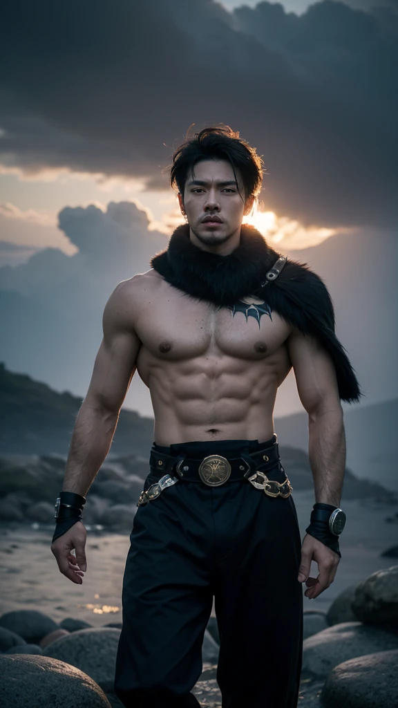 "A mighty warrior stands tall against the gloomy sky. He has a solid body, rippling muscles, tanned skin, and ancient warrior-style tattoos on his chest and arms. He wears dark warrior pants, bandages around his wrists, a wristwatch, and a sash around his ...