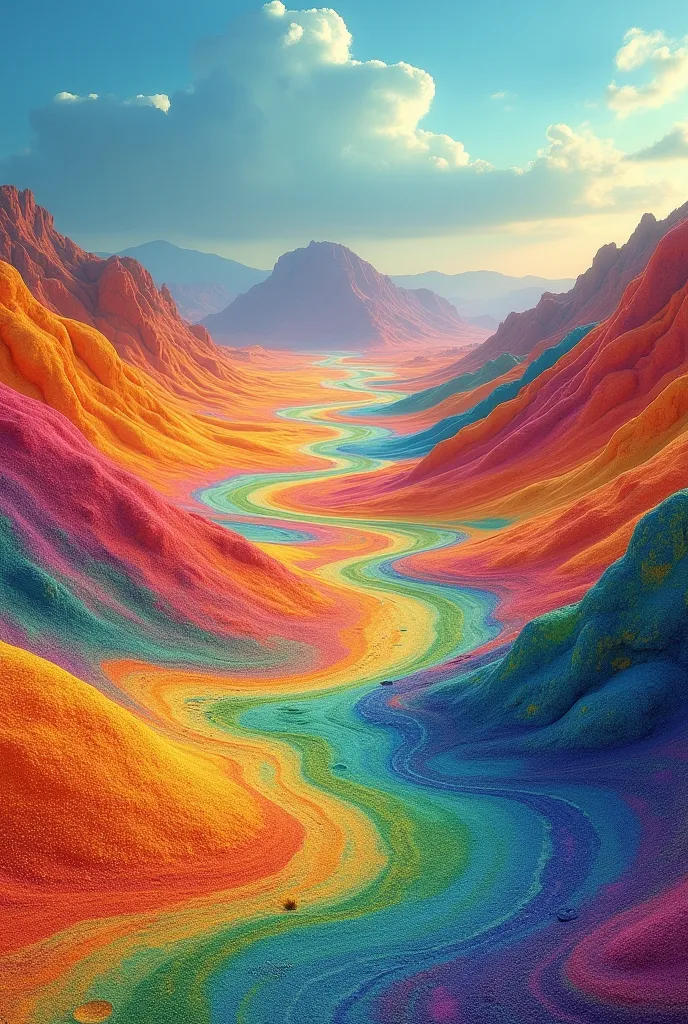 please draw me a vivid landscape sand picture from multi-colored sand.