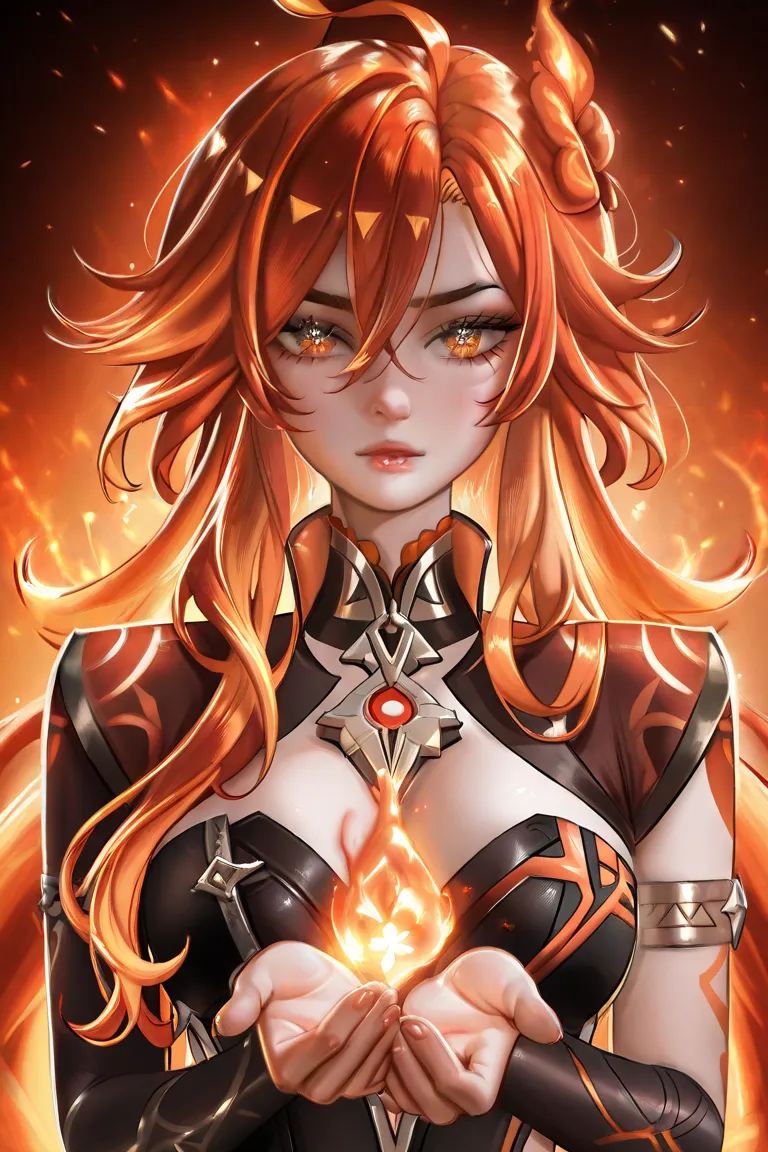 Mavuika, Genshin Impact, genshin, Five fingers on hand, fire girl, fire hair, fire archon, detailed, realistic, Sakimichan style, ringeko style, nixue style, anime style, art style, HD, девушка, красивый фон, эмоции, большая грудь, кожанный костюм 