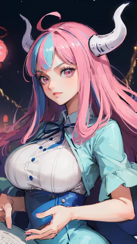 (masterpiece,  Top Quality :1.4),  cinematic lights , colorful , high contrast ,(1 person),,One Piece Anime,(( big breasts)),colorful hair, long hair,  Lantern, pink hair near MM,bangs,Horn,   Blue China Dress ,