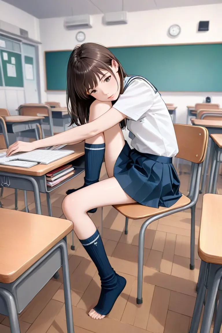 high quality、Top Quality、classroom、Licensed、one girl、student、 skinny style、short skirts、 navy blue high socks、sitting on a chair、 studying at the desk、camera sitting in a barefoot chair mainly shows a girl's legs、