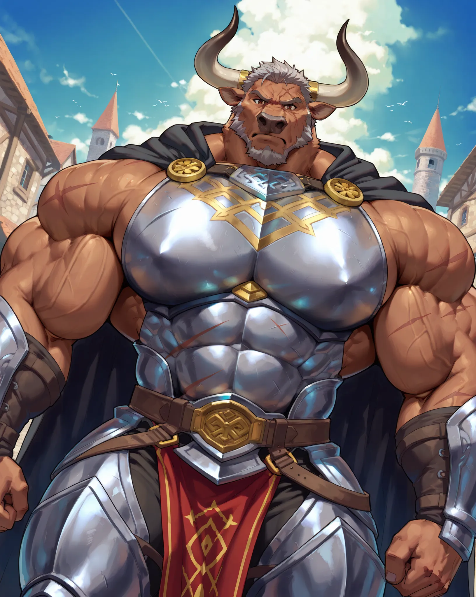 score_7_up, score_8, score_9, correct anatomy, (((detailed brown eyes))), ((highly detailed eyes)), high resolution, hyper-detailed,
((solo)), male, brown fur with white underbelly, ((bull)), grey hair,
((massive size difference)), ((10 feet tall)), muscle...