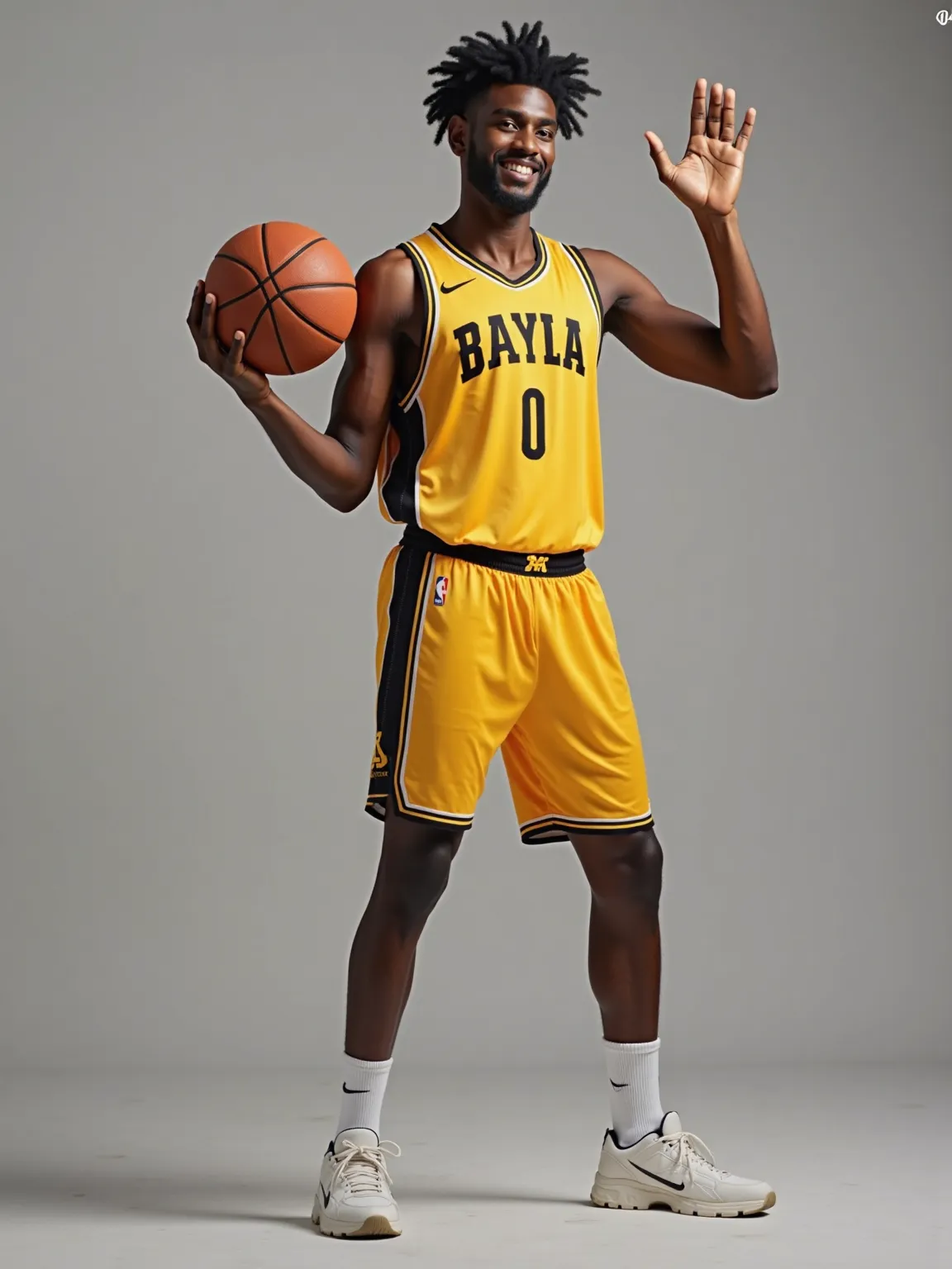 medium full shot of happy Indian male a basketball player posing with basket ball in hands, wearing yellow black basketball uniform, action posing, full body shot, photorealistic, side view, gray background, 8k, HD