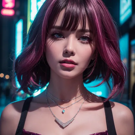 The millionaire lady is wearing a diamond necklace, she is wearing a big diamond neckpiece and she is very sexy neonpunk style, cyberpunk, vaporwave, neon, vibes, vibrant, stunningly beautiful, crisp, detailed, sleek, ultramodern, magenta highlights, dark ...