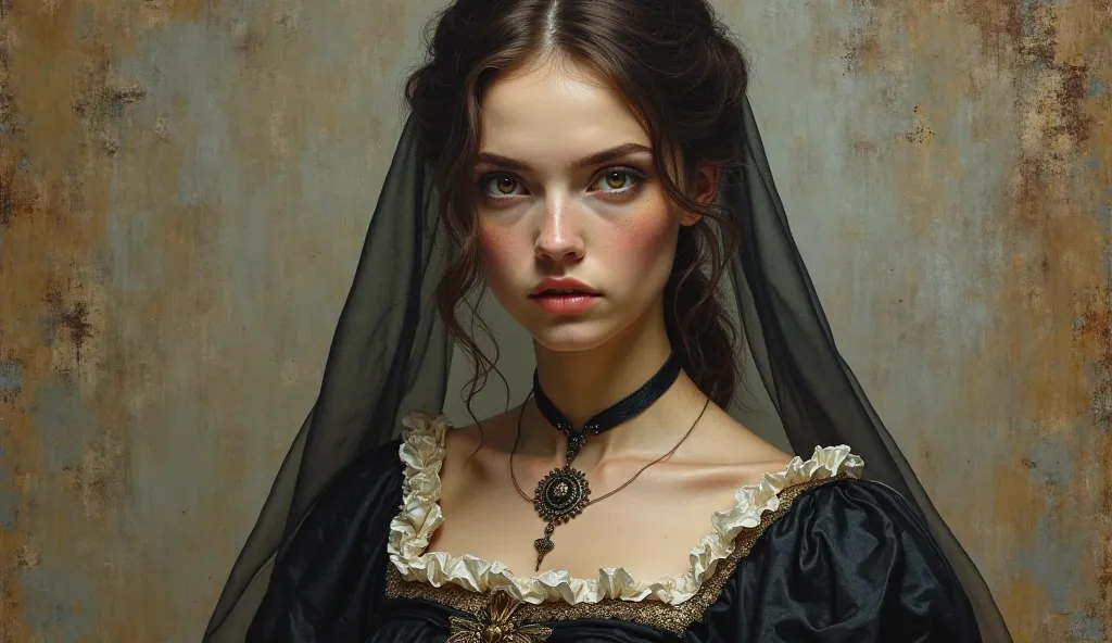 “A medieval woman in classic clothes with delicate,  promising power and pleasure ; , her eyes are filled with mysticism and vague suspicion, made using oil painting on an old canvas with a muted palette of colors.»