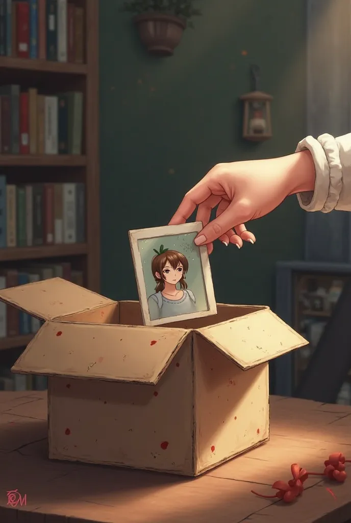 I will explain in detail. I want a small hand and only one hand. I opened the door of the house and found a box and took a picture out of it. The box is full of pictures. The scene consists of the box and the girl's hand is above the box and she takes a pi...