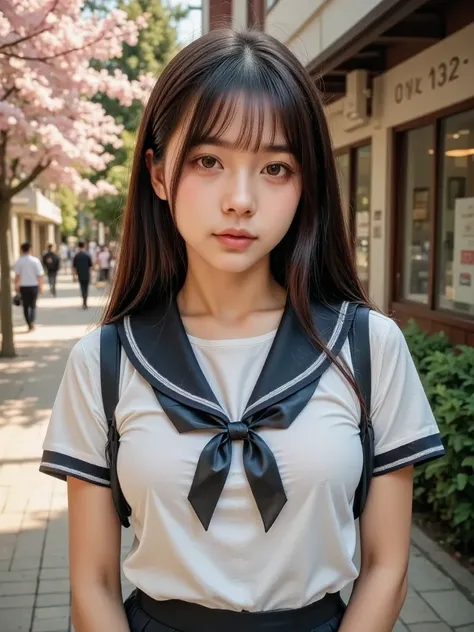 (realistic,photorealistic,photo-realistic 1.37),a beautiful high school girl,japanese beautiful idol,beautiful face and eyes,japanese high school unif,detailed portrait of a young japanese high school girl,flawless porcelain skin,sparkling doe eyes,delicat...