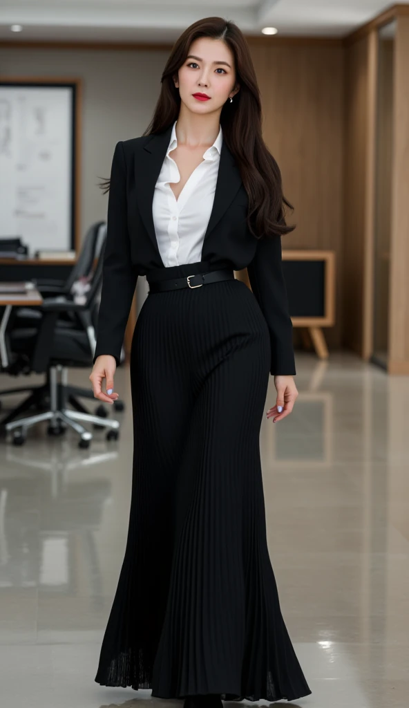 a beautiful woman, standing in office, use a black suit with a white shirt, using a long skirt to the toe pleated model of black color, big boobs,  red lips, Mara face