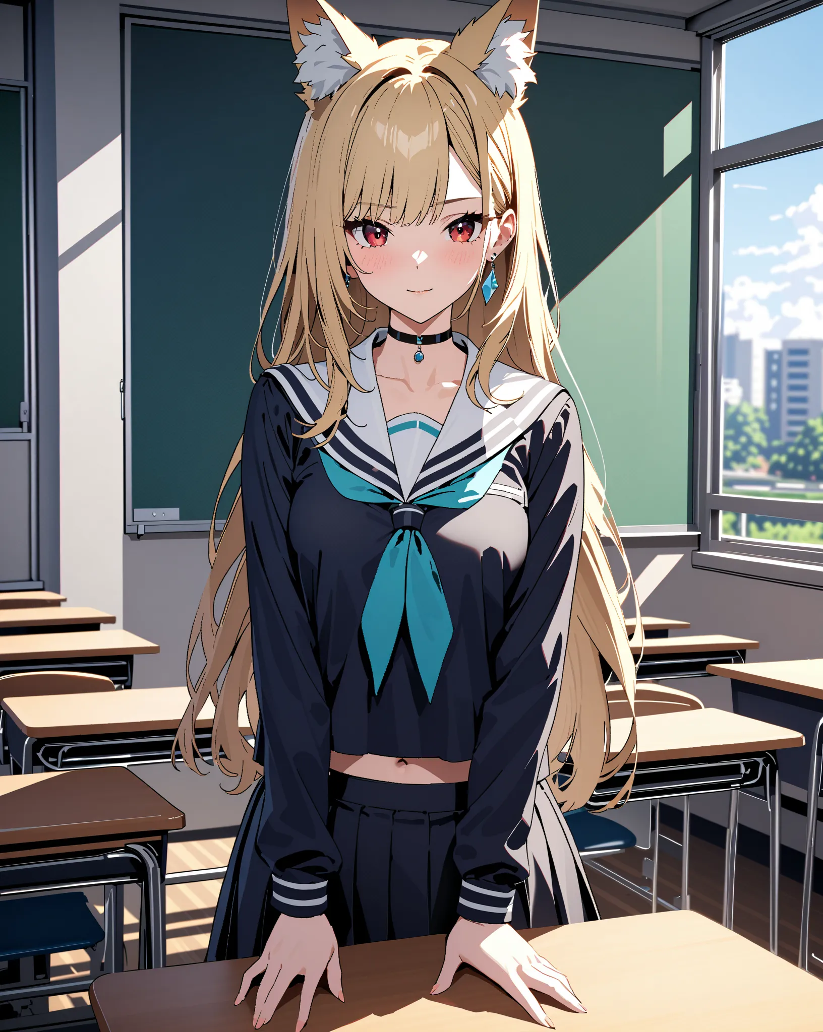  back view:1.5, The mysterious transfer student, sailor suit, classroom, Small breasts, Kitagawa Marin,  fox ears:0.5,  1girl , blonde hair, long hair, multicolored hair, red eyes, jewelry, earrings, piercing, black choker, masterpiece:1.5, highest quality...