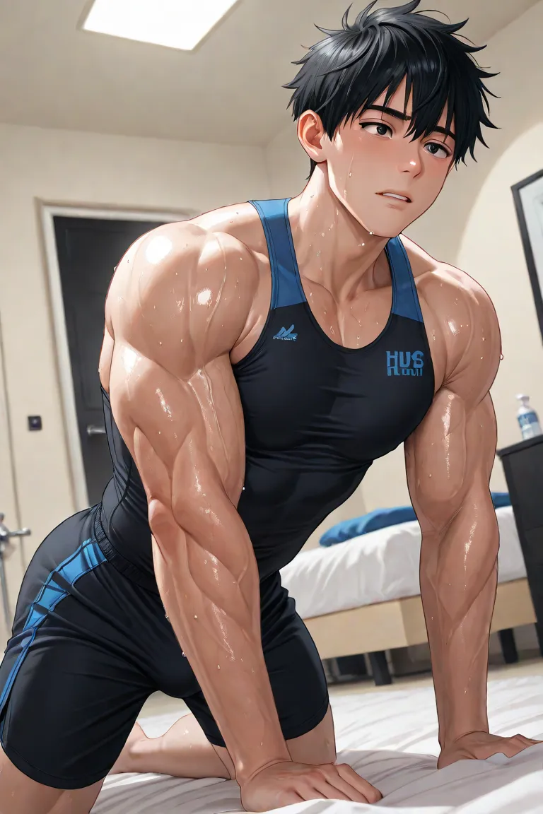 "A young boy with a muscular physique, wearing a modest dark blue or black sports outfit. His black hair is neatly styled as he performs push-ups in a dimly lit room. Sweat glistens on his skin, highlighting his well-defined muscles. His expression is cold...