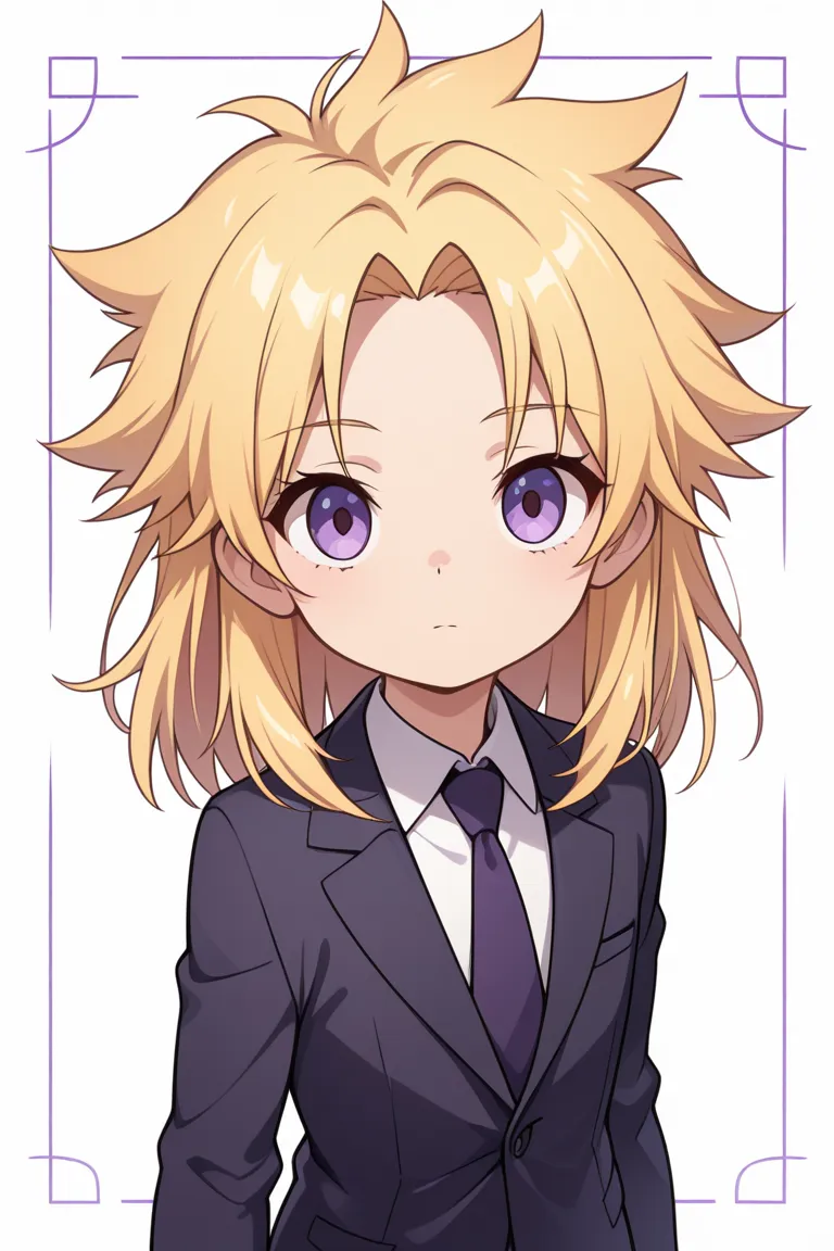 ((((only one boy)))), blond medium hair, masterpiece, highest quality, Anime style, tall stature, white background, business suit, young boy, fuchsia purple eyes, looking at viewer, straight hair, Break square head, standing, expressionless,  close mouth, ...