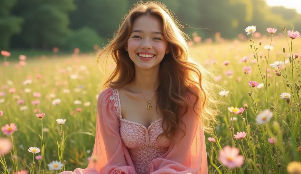 A beautiful girl with wavy long hair is happy.
In a blooming meadow. The pink sleeve runs and the decalte is closed
The girl is alive. Lace dress
The chest is not visible, the dress covers
Close the chest
Pink outfit runs. Close the body in the chest area....