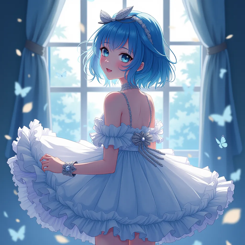 Please create an illustration based on the following characteristics。
・AI anime-style illustration
・Delicately depicted beautiful girl characters
・Design incorporating fantasy elements
・Dress incorporating gorgeous frills
・Brightly colored and gradated hai...