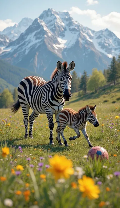 Close look up A zebra standing in spring field with baby of zebra Play with football 
Spring and grass and different color flowers 
behind that beautiful ice mountain 