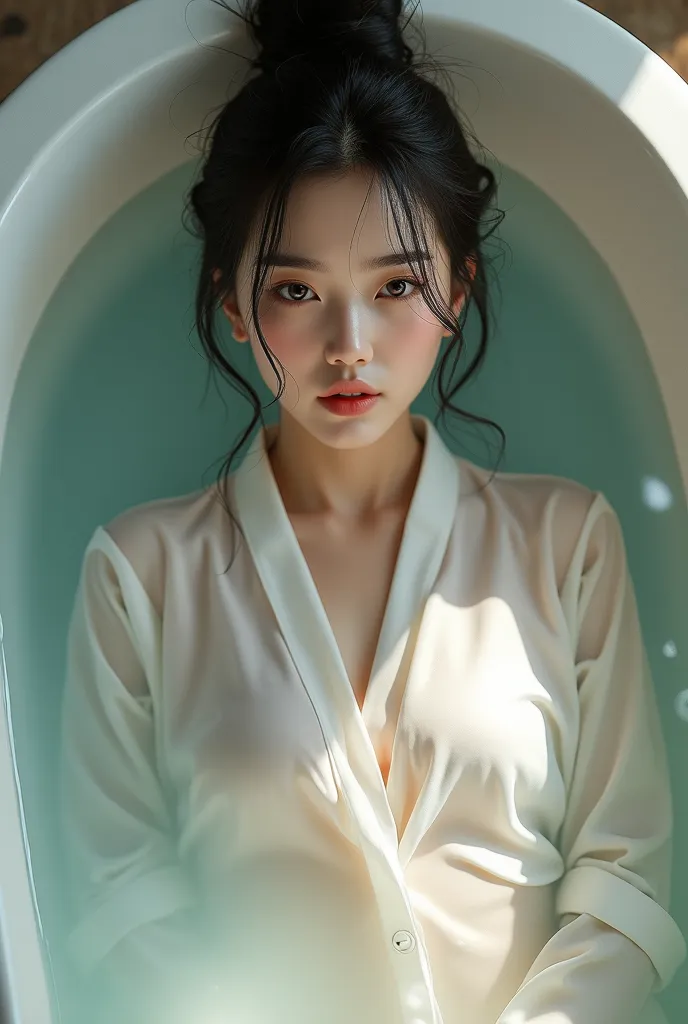 A beautiful chinese girl getting into the bathtub in a white shirt. Shirt wet and transparent