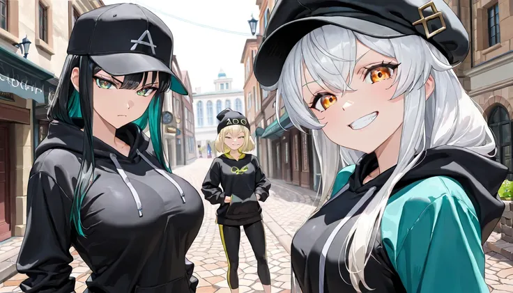 (( masterpiece , Top Quality , dynamic angle ))、((( 3 girls , a simple design Black hoodie , a simple design black cap , big breasts , small breasts , grin , smile , serious )))、( detailed face , Edo , streets, cobblestone lanes )