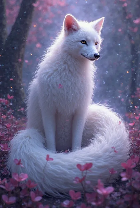 A beautiful mysterious white female vixen in the night purple pink blue a bit magical 