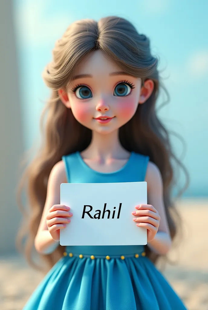 A 3D picture of a girl wearing a blue dress holding a paper that says Rahil 