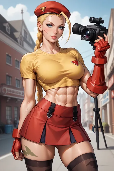 Cammy White front yellow t-shirt red skirt big thighs red gloves black thigh length stockings tattoo big thighs 