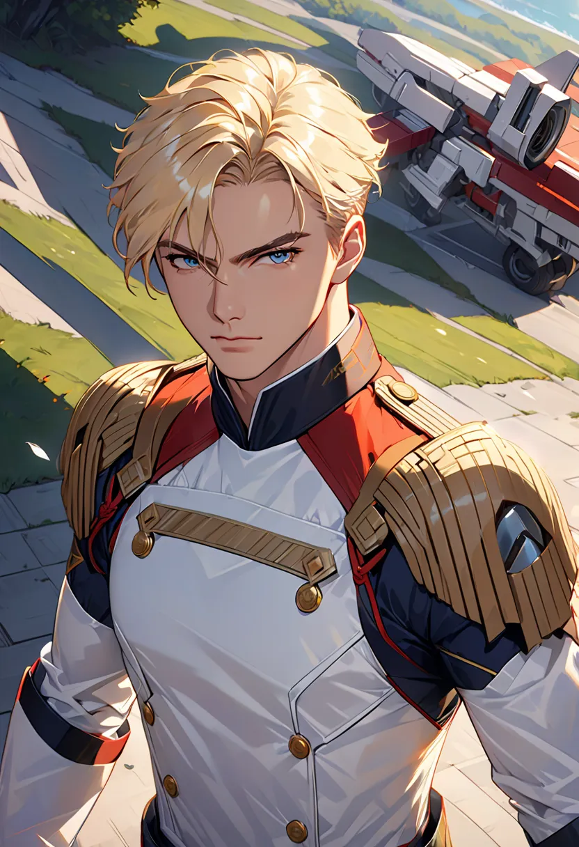 (masterpiece, best quality, very detailed, Best Shadow), (detailed background,) Sci-fi liberator captain blonde young strong confident healthy and powerful man in military uniform