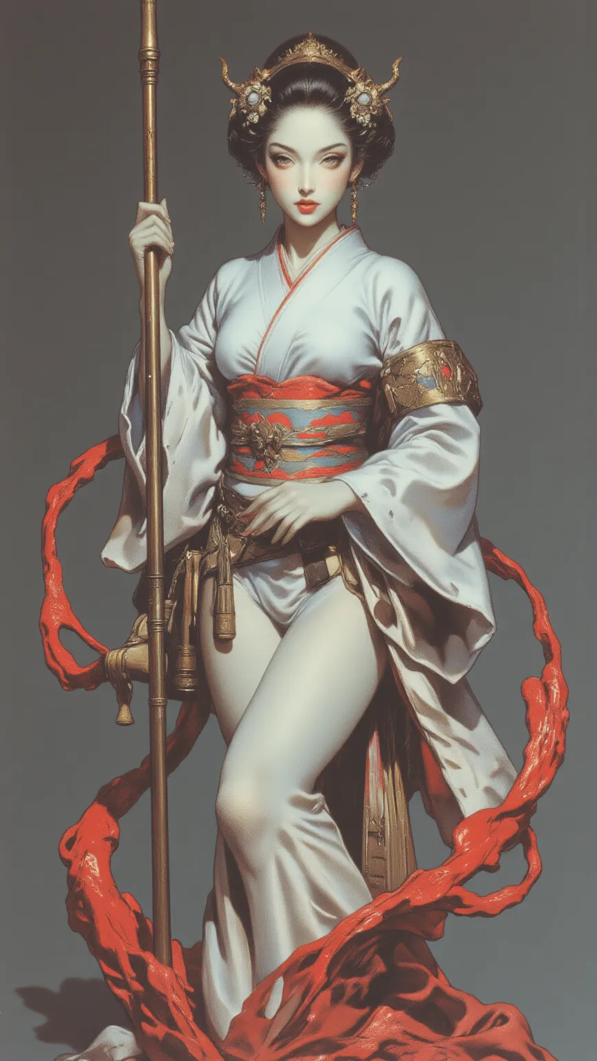 Japanese geisha， Beautiful ，full body，, Joel Robinson's style, light white and dark red, Classical figurative realism, anime style， Oliver Singer, ZBrush Center, Renaissance, Ansolo's masterpiece, super detailed fantasy character, high accuracy , fear! hig...