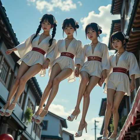 Exposed Open Gigantic Cleavage, CoveredNipple without Bra, Transform into 8K UltraDetailed Live-Action, Photorealistic, ExtremelyDetailed Professional Photography of KAWAII FUNDOSHI Girls in the Air, at HAKATA GION YAMAKASA, FullBody from below, MagicHour ...