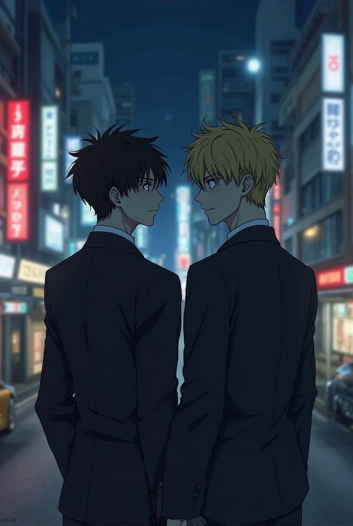 Night city of Japan. Two guys are standing. One of them Shinichiro Sano (He has short, carelessly styled hair, the color of his dull black eyes. He was slender, tall, with a heart-shaped face. The guy himself is dressed in a solid suit and he is about 20 y...