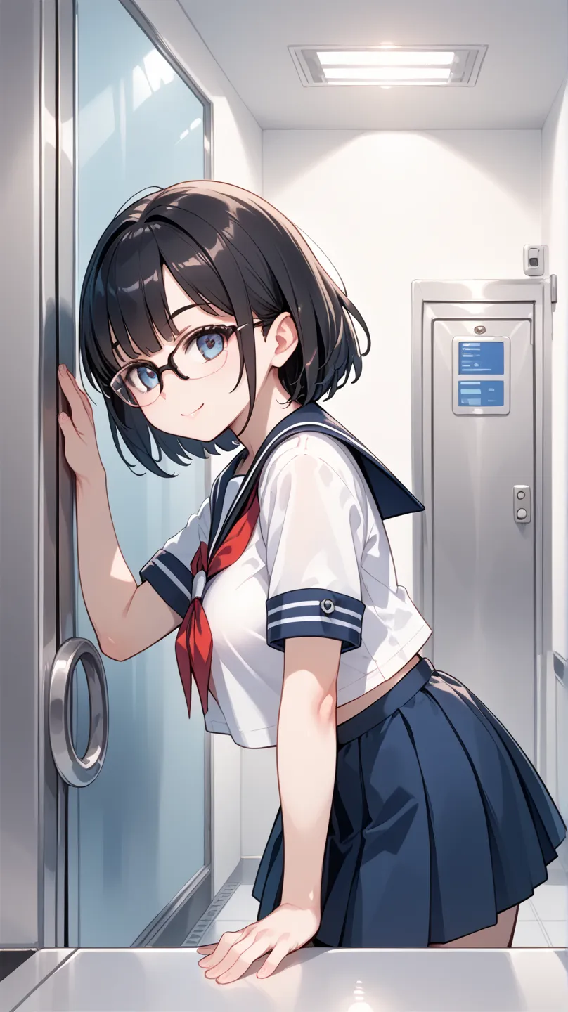 Black hair, glasses, in an elevator, sailor uniform