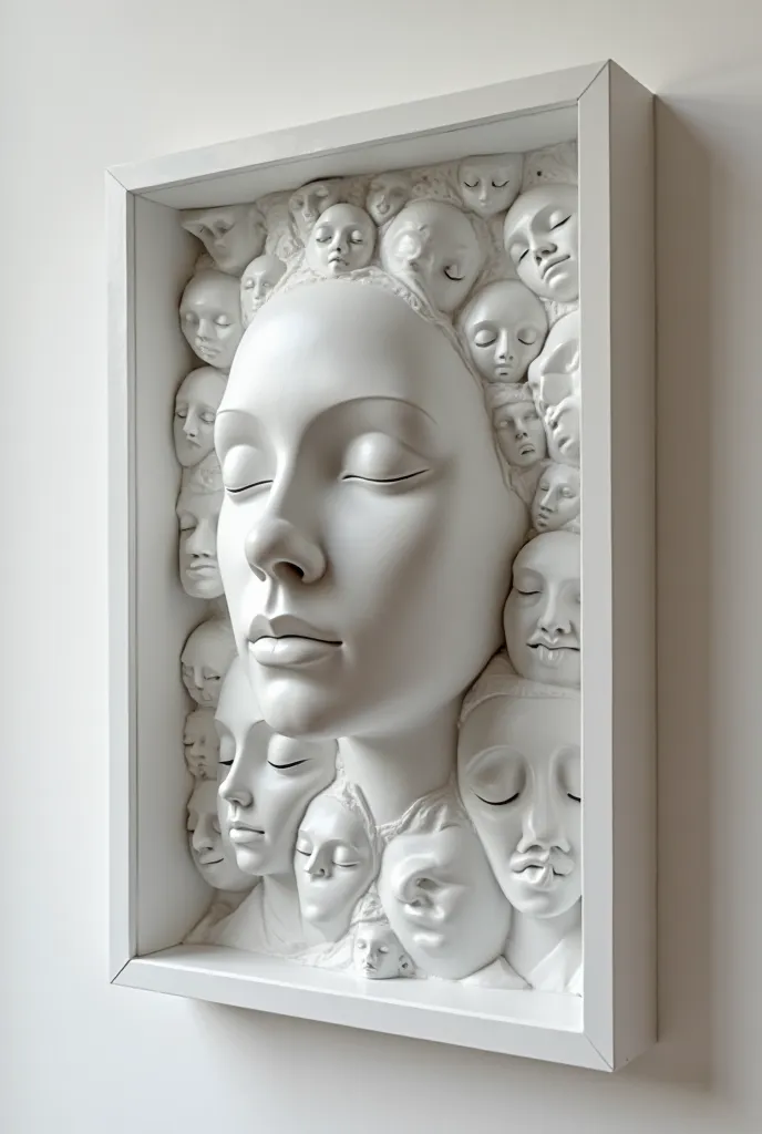 Create a highly detailed sculpture art piece featuring multiple human faces, all displaying the same serene expression. The faces should be seamlessly connected, forming an intricate and harmonious structure. The sculpture is set within a minimalist white ...