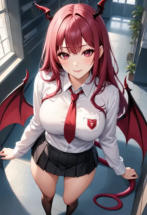 The mysterious transfer student, (Full body composition, from above), Mature female body, Alone, She's a Succubus transfer student who reincarnated from the Demon Realm, 💘The tail with the tip of, I'm wearing JK's uniform, captivates all male students, "Be...